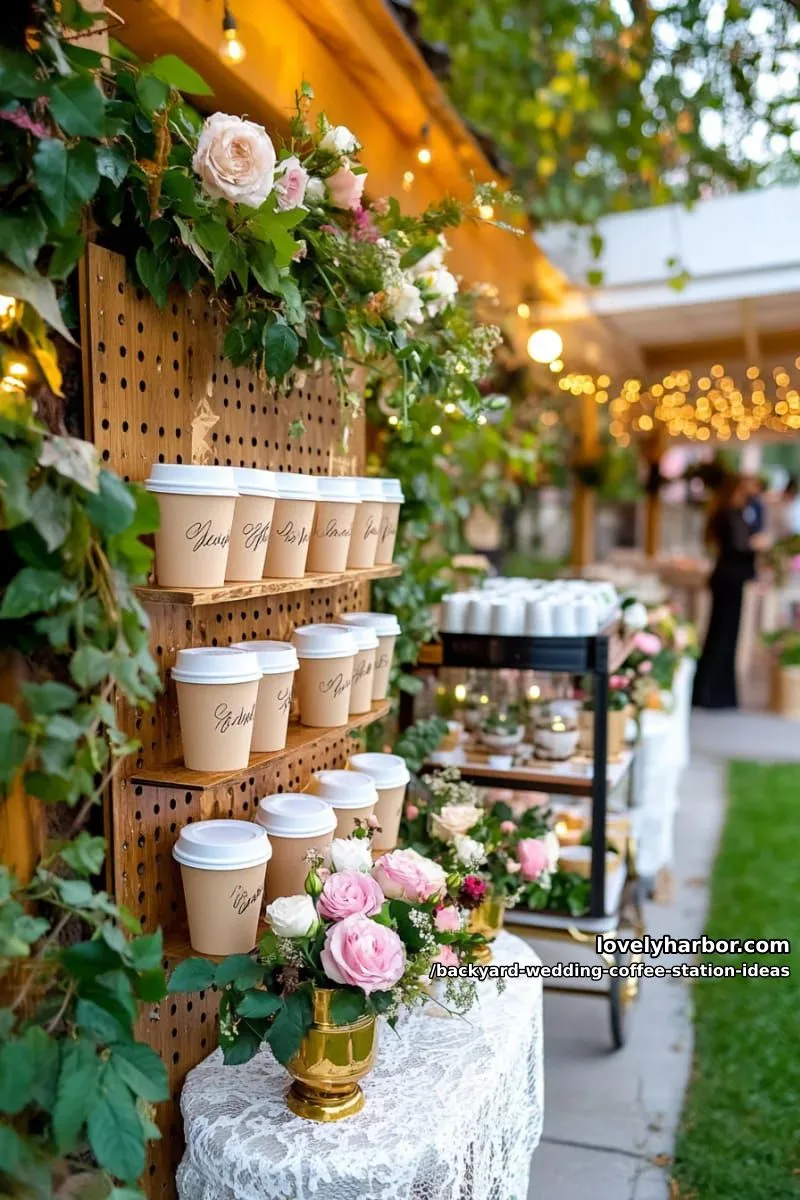 15 Backyard Wedding Coffee Station Ideas For Your Reception 19 personalized takeaway coffee cups displayed on a wooden pegboard wall 1