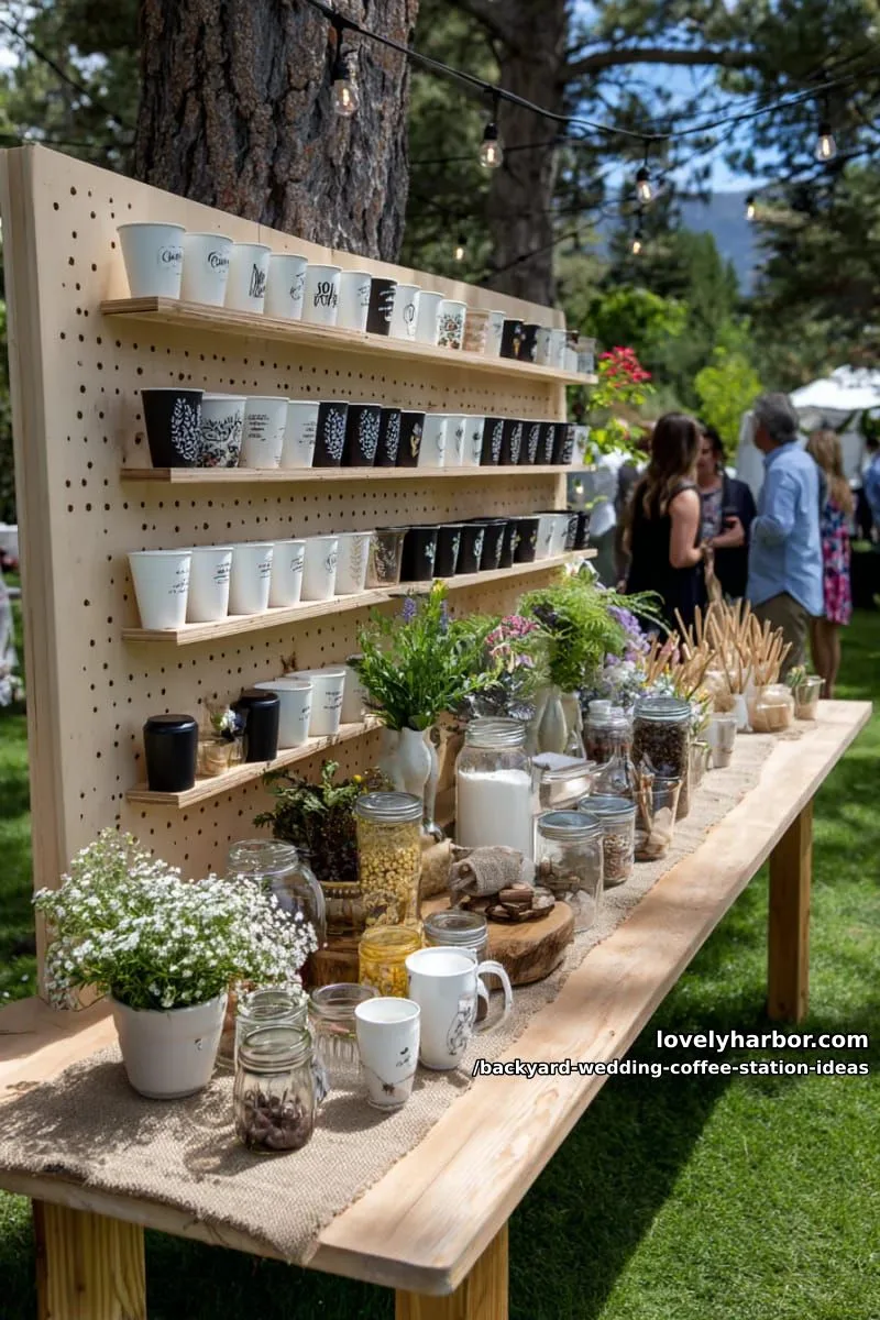 15 Backyard Wedding Coffee Station Ideas For Your Reception 20 personalized takeaway coffee cups displayed on a wooden pegboard wall 1
