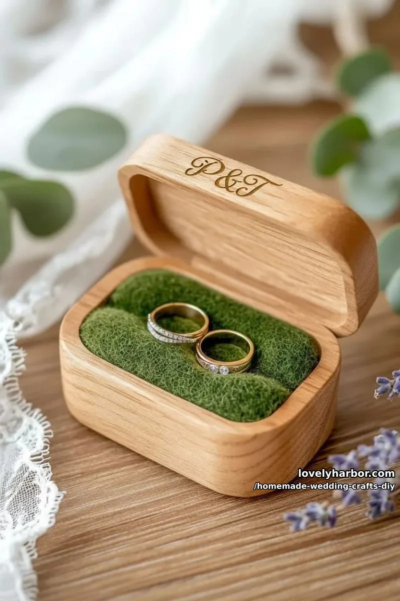 19 Homemade Wedding Crafts DIY To Wow Your Guests 39 personalized wooden ring box with engraved initials and moss lining 1