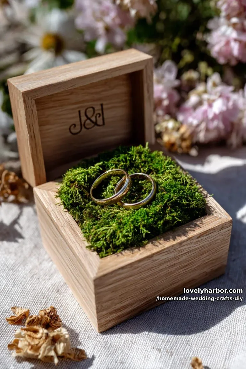 19 Homemade Wedding Crafts DIY To Wow Your Guests 40 personalized wooden ring box with engraved initials and moss lining 1