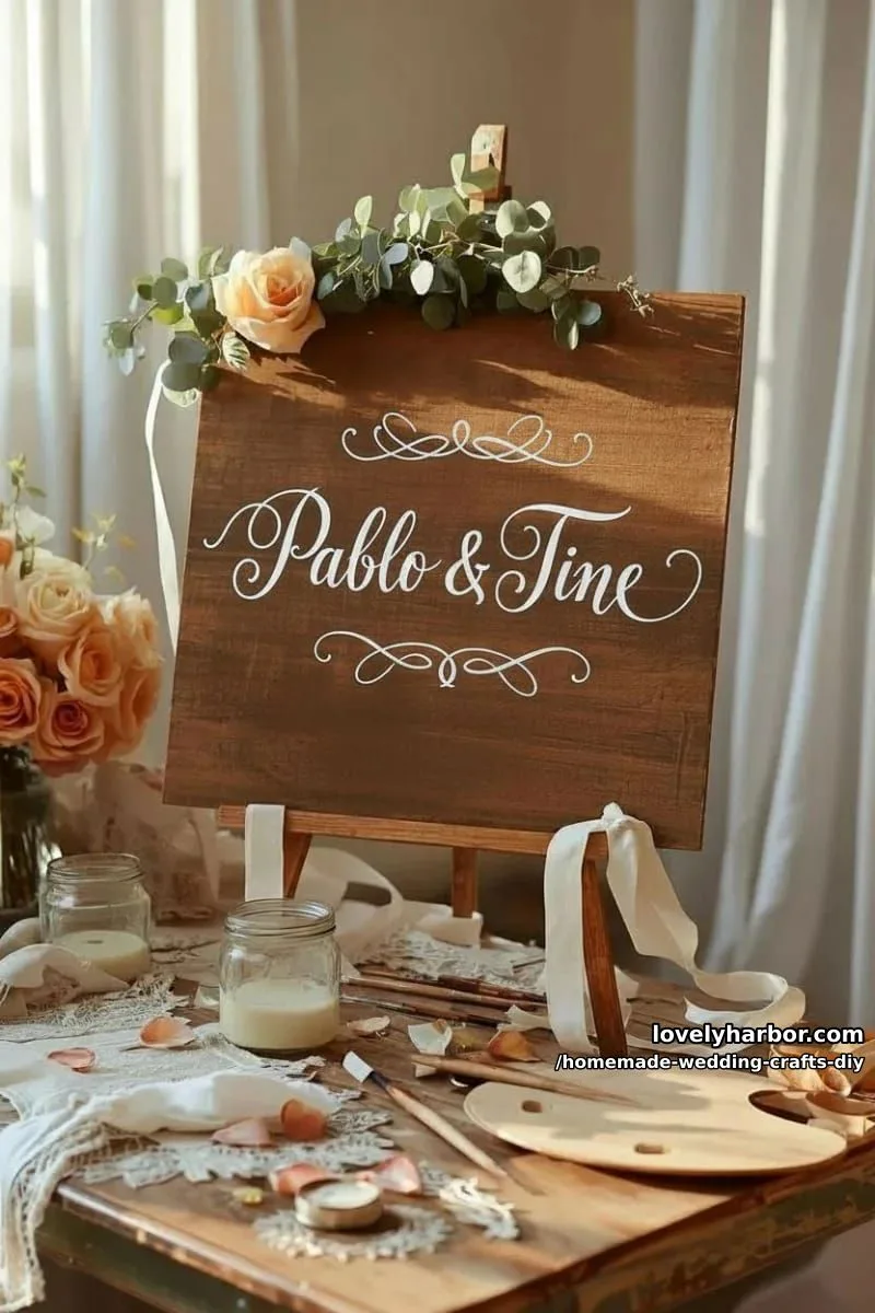 19 Homemade Wedding Crafts DIY To Wow Your Guests 4 personalized wooden wedding signs painted with calligraphy and floral motifs 1