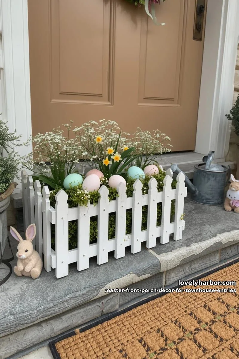 petite picket fence planter box with pastel eggs nestled in greenery 1
