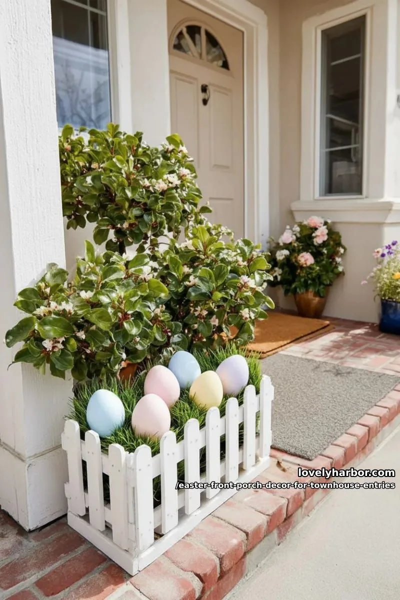 petite picket fence planter box with pastel eggs nestled in greenery 1