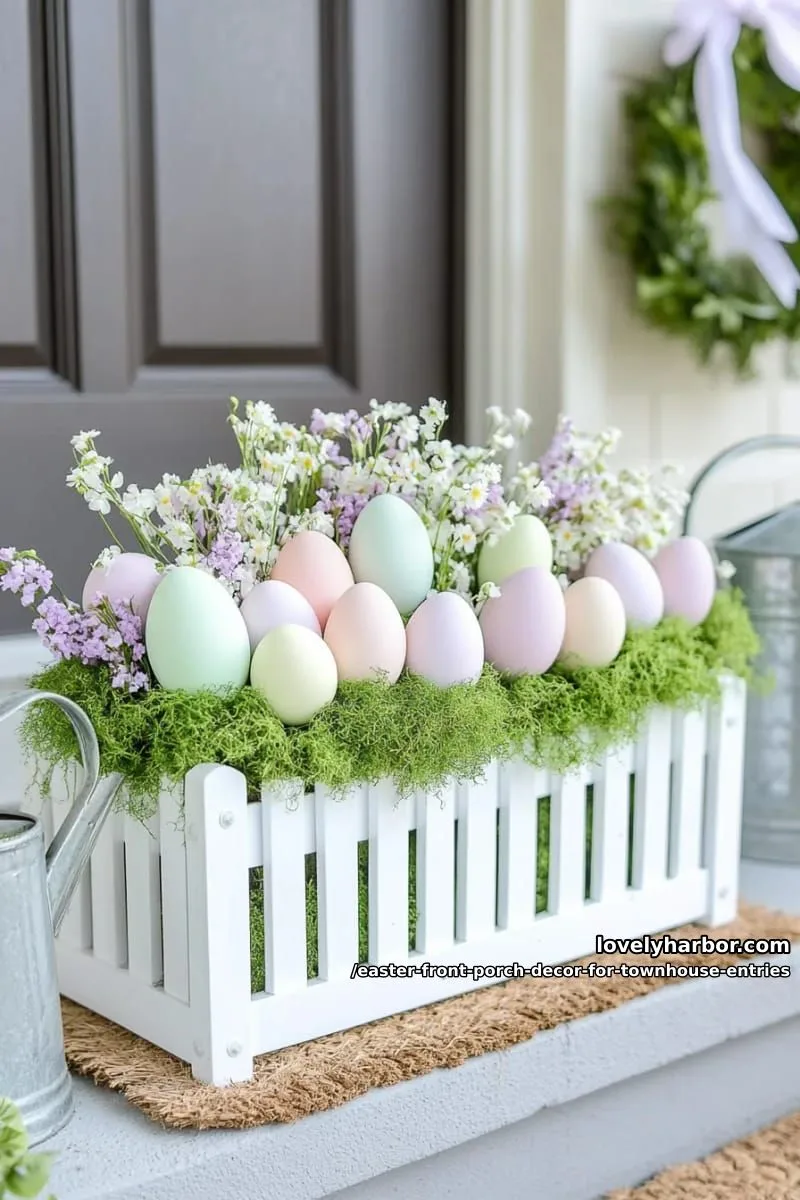 petite picket fence planter box with pastel eggs nestled in greenery 1