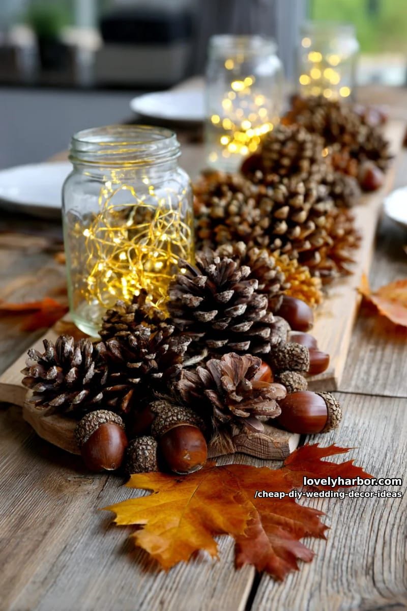 pinecones and acorns paired with fairy lights for fall weddings 1