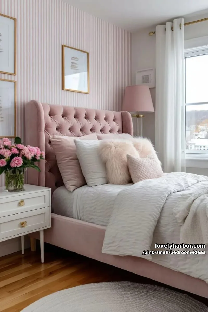 21 Pink Small Bedrooms Ideas You'll Love 49 pink and white striped accent wall behind a tufted pink bed 1