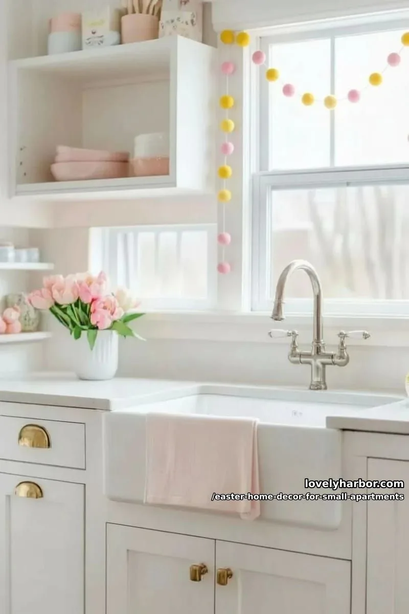 pink and yellow felt ball garland draped over a kitchen window 1