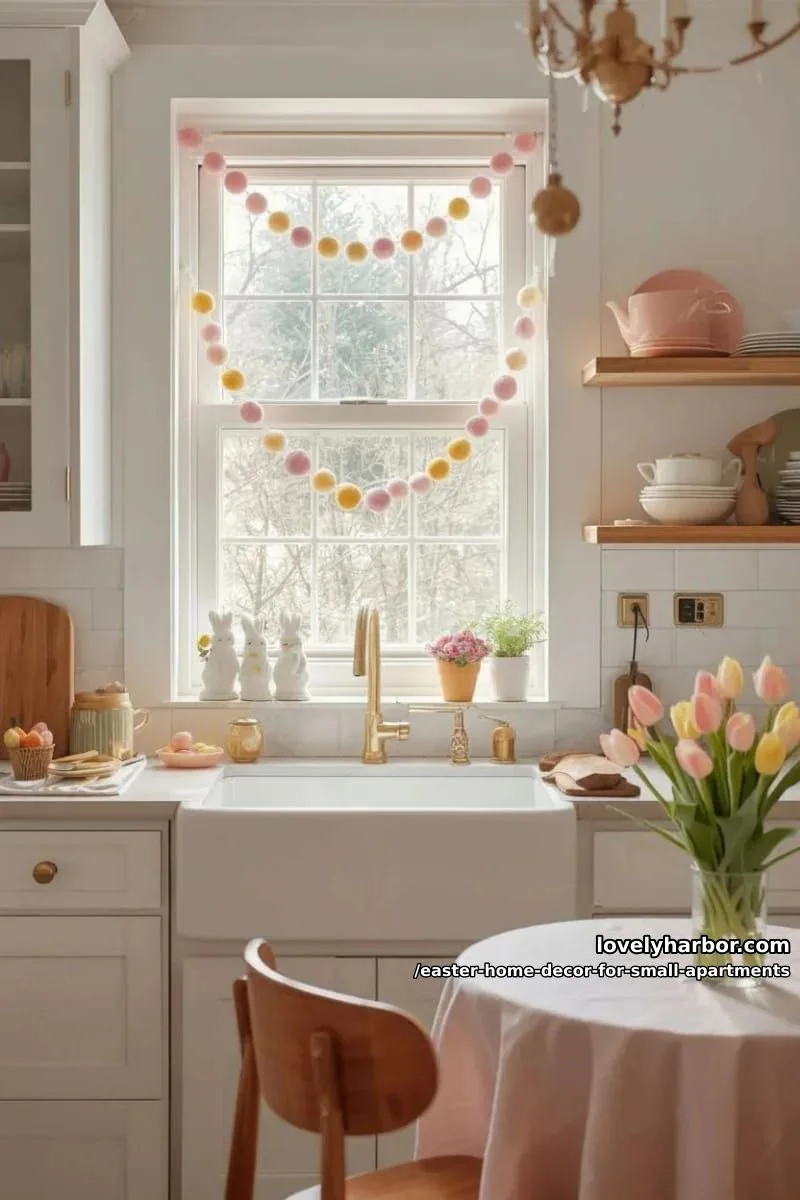 pink and yellow felt ball garland draped over a kitchen window 1