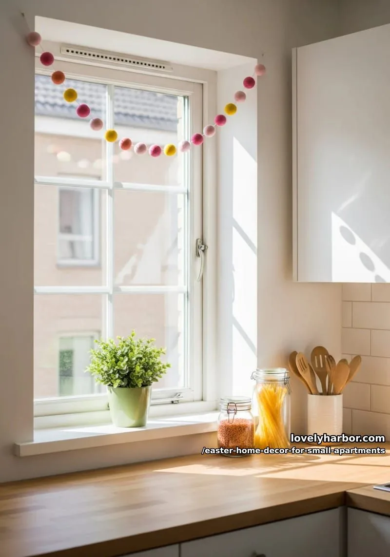 pink and yellow felt ball garland draped over a kitchen window 1