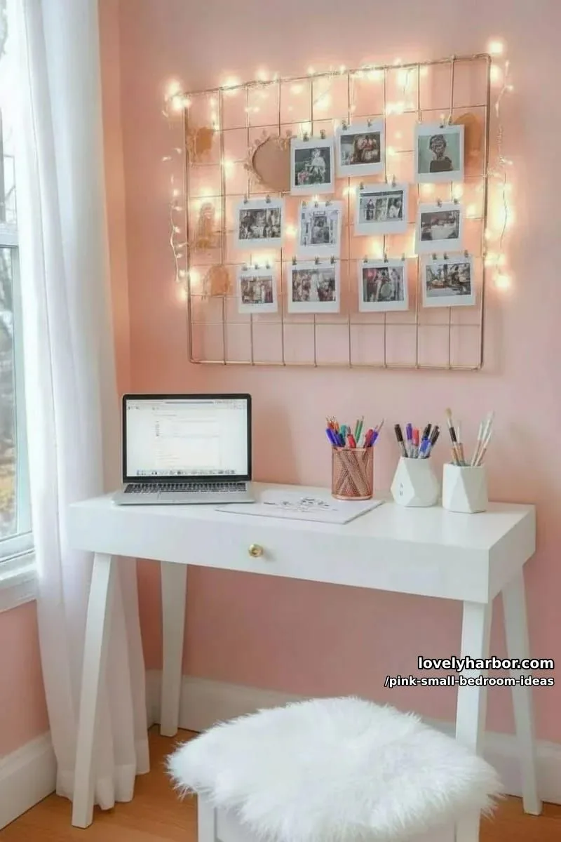 21 Pink Small Bedrooms Ideas You'll Love 30 pink grid photo collage corner with fairy lights and polaroids 1