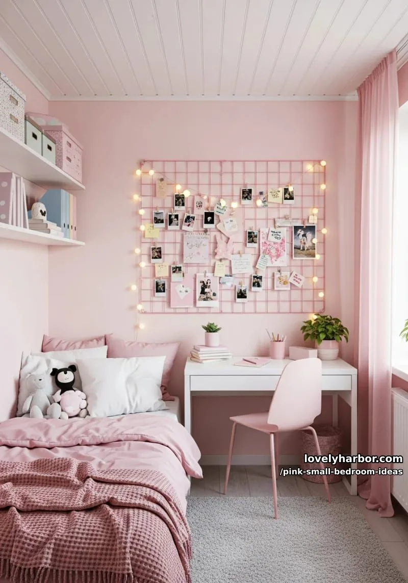 21 Pink Small Bedrooms Ideas You'll Love 31 pink grid photo collage corner with fairy lights and polaroids 1