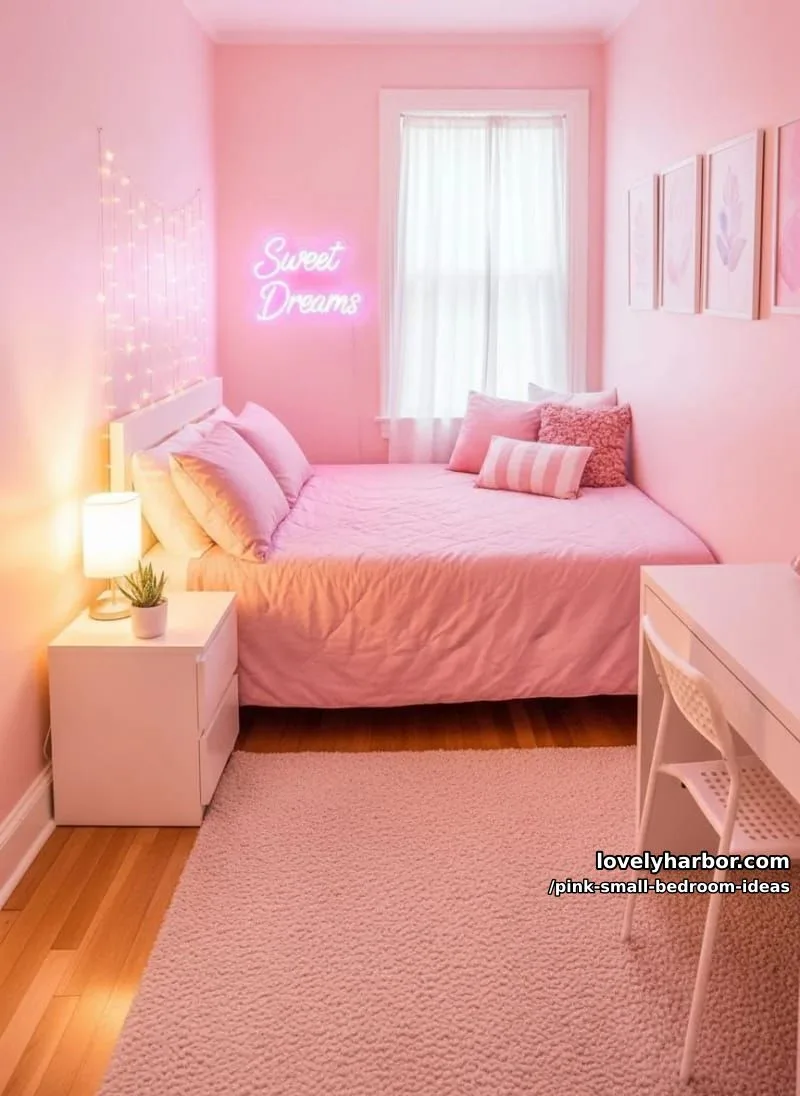 21 Pink Small Bedrooms Ideas You'll Love 6 pink neon sign above the bed paired with fairy light wall décor 1