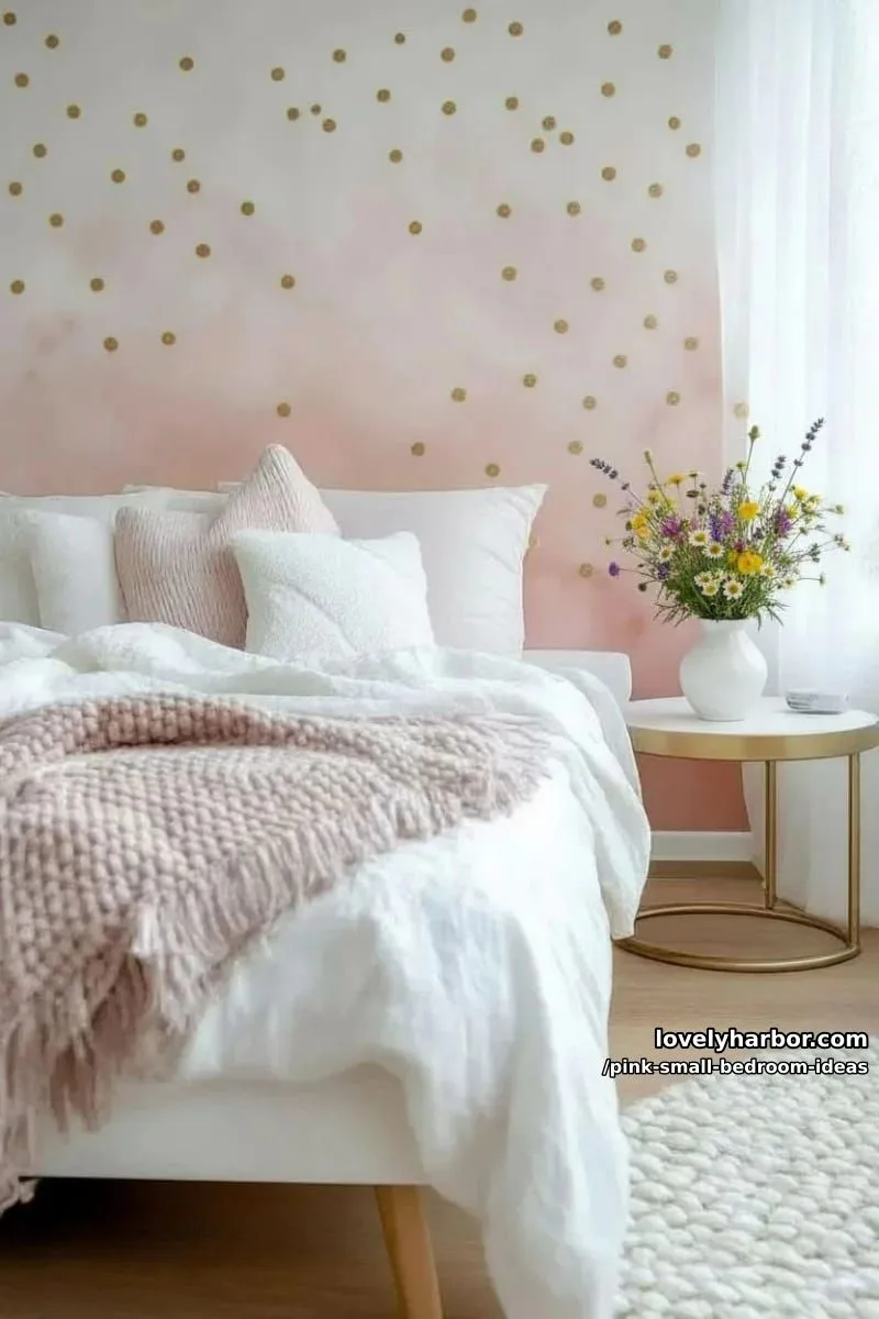 21 Pink Small Bedrooms Ideas You'll Love 22 pink ombre wall mural with tiny gold polka dot stickers 1