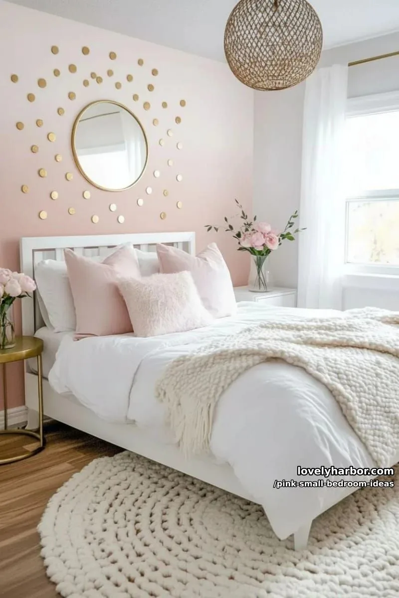 21 Pink Small Bedrooms Ideas You'll Love 23 pink ombre wall mural with tiny gold polka dot stickers 1