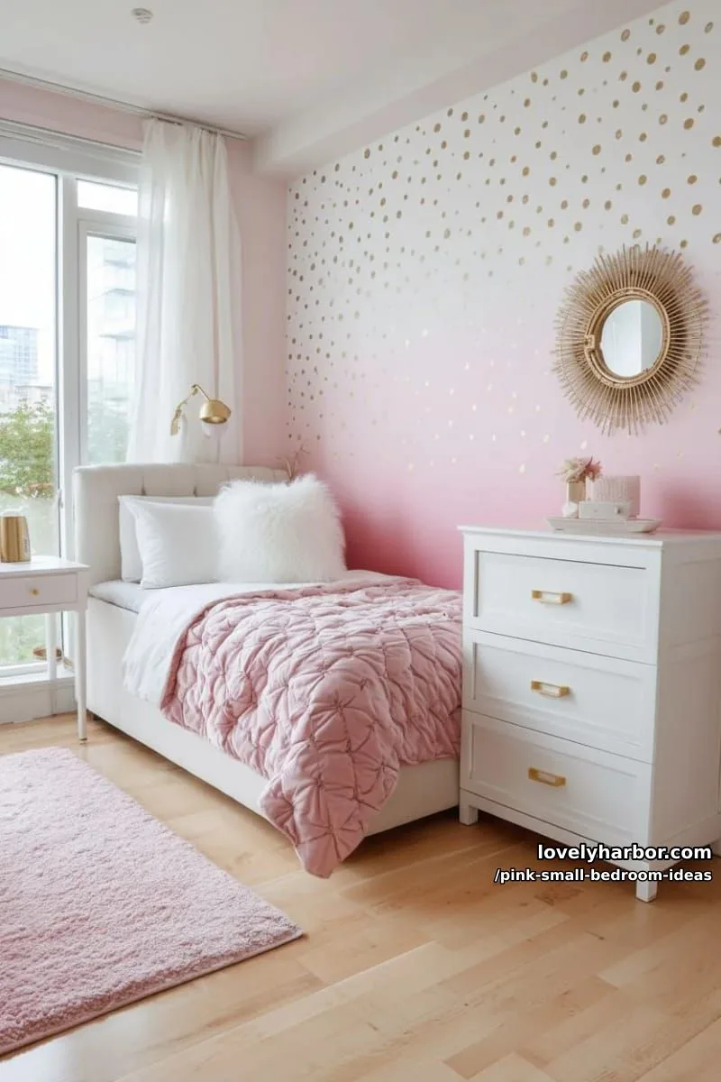 21 Pink Small Bedrooms Ideas You'll Love 24 pink ombre wall mural with tiny gold polka dot stickers 1