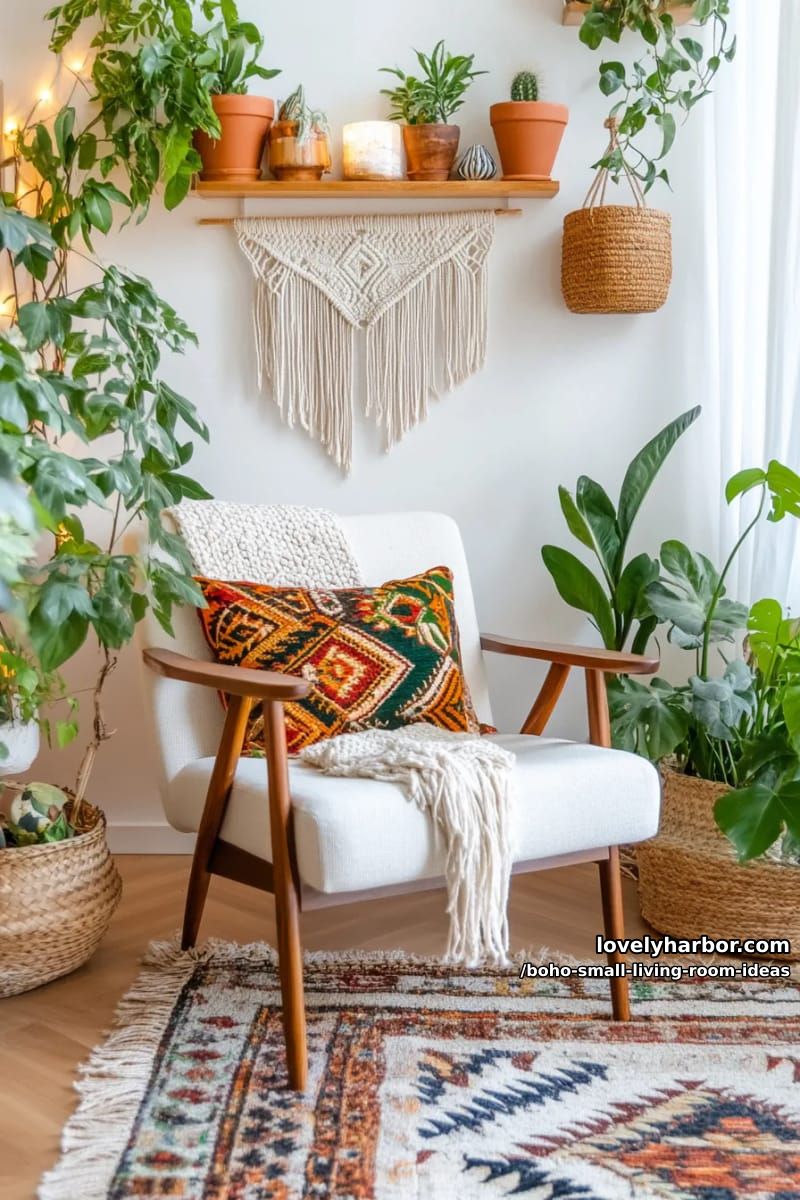 place a fringed jute rug under a mid-century modern armchair. 1