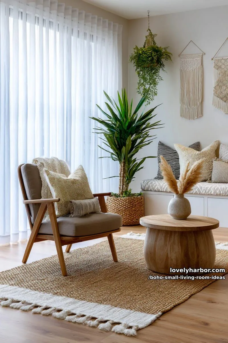 15 Boho Small Living Rooms Ideas That Turn Tiny Spaces Into Cozy Sanctuaries 21 place a fringed jute rug under a mid-century modern armchair. 1