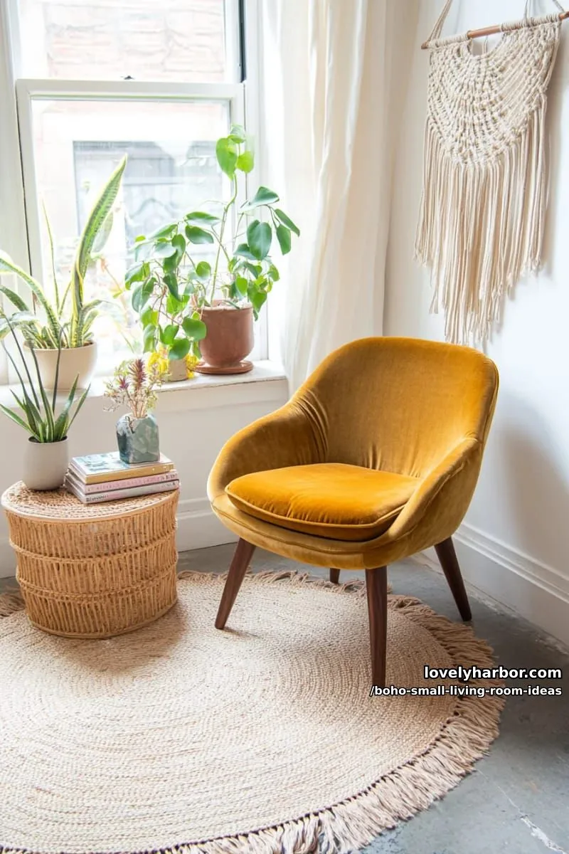 15 Boho Small Living Rooms Ideas That Turn Tiny Spaces Into Cozy Sanctuaries 22 place a fringed jute rug under a mid-century modern armchair. 1