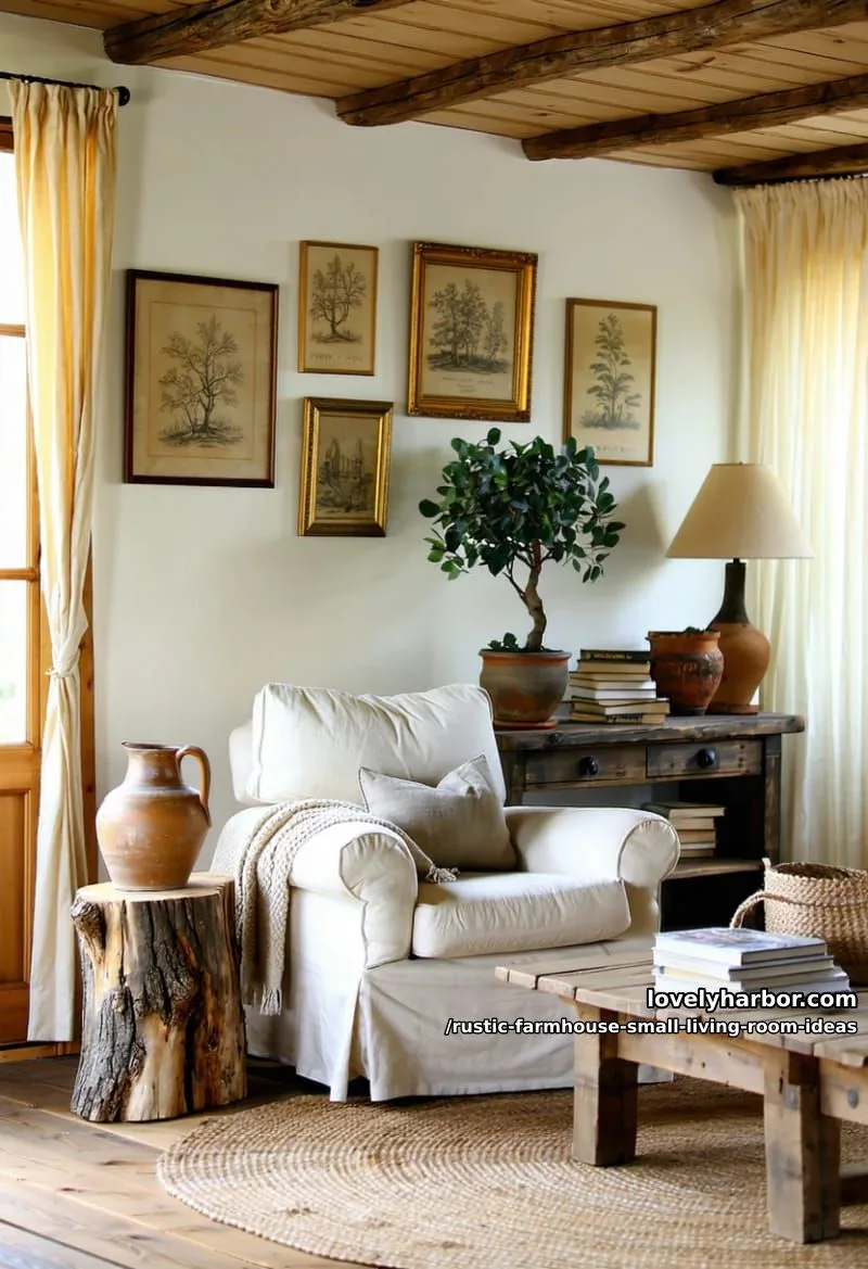 place a tree stump side table beside an overstuffed slipcovered armchair 1