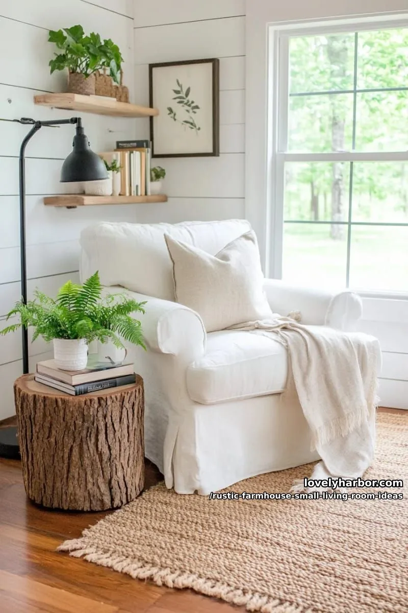 place a tree stump side table beside an overstuffed slipcovered armchair 1