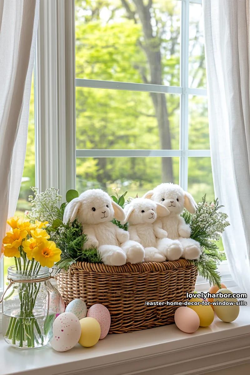 place a wicker basket of plush easter lambs and fresh greenery. 1