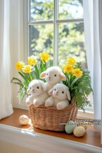 place a wicker basket of plush easter lambs and fresh greenery. 28