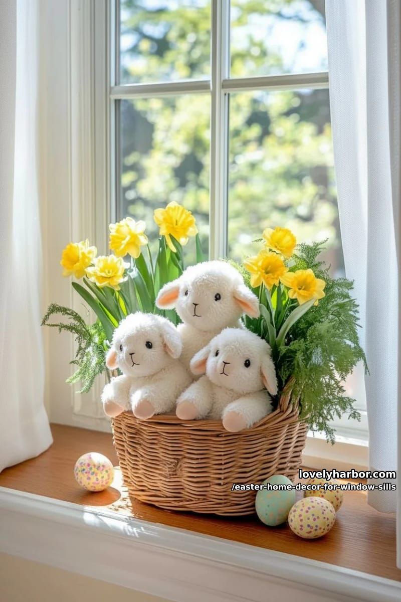 place a wicker basket of plush easter lambs and fresh greenery. 1