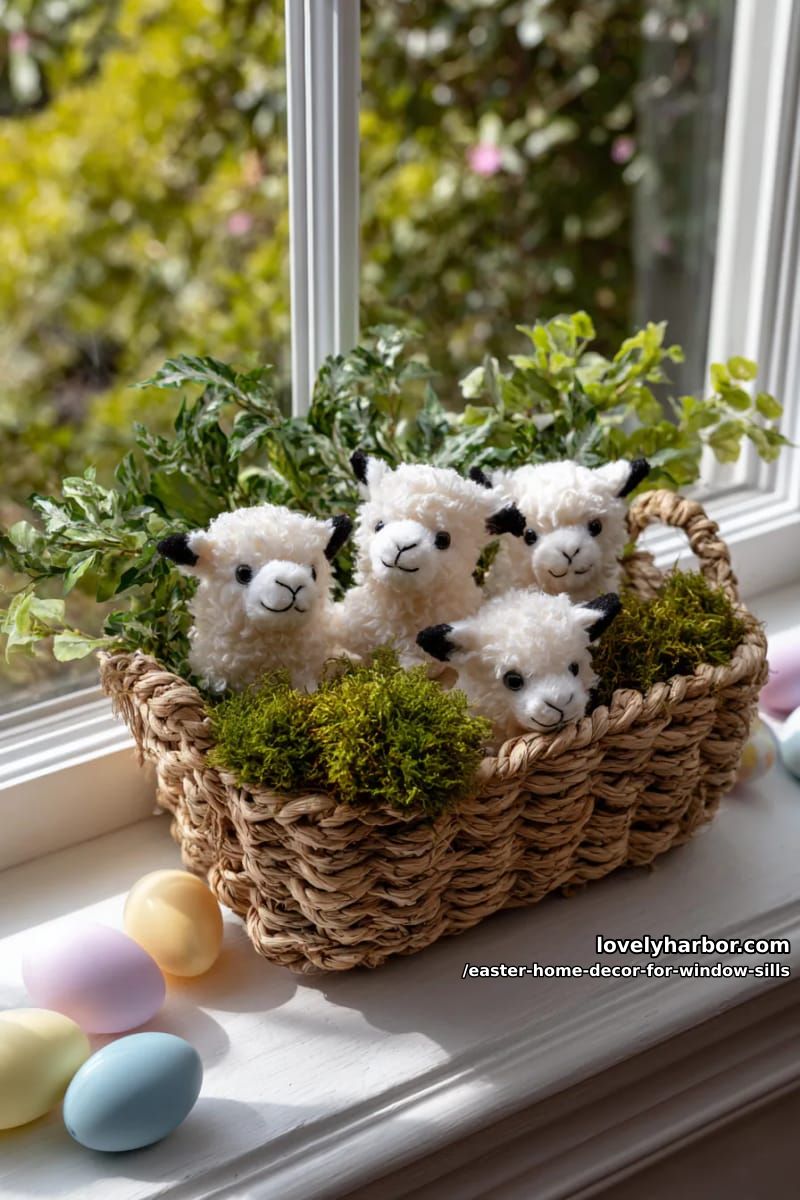 place a wicker basket of plush easter lambs and fresh greenery. 1