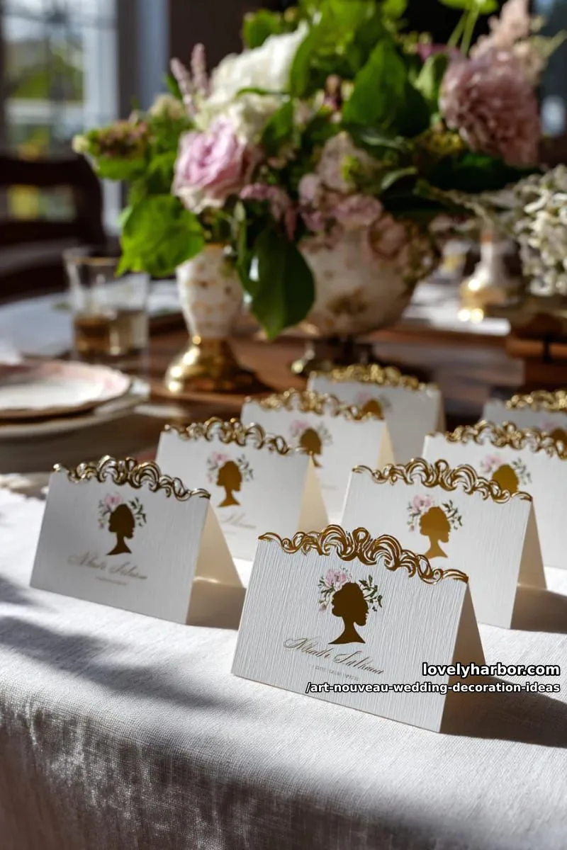 place cards featuring elegant lady silhouettes and ornate swirls 1
