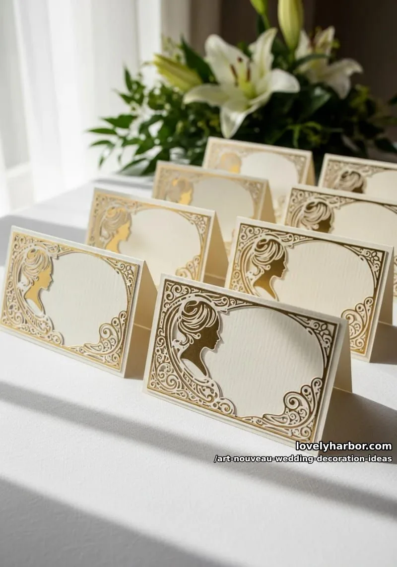 place cards featuring elegant lady silhouettes and ornate swirls 1