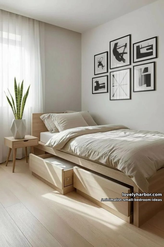 platform bed with hidden drawers and neutral linen bedding 2