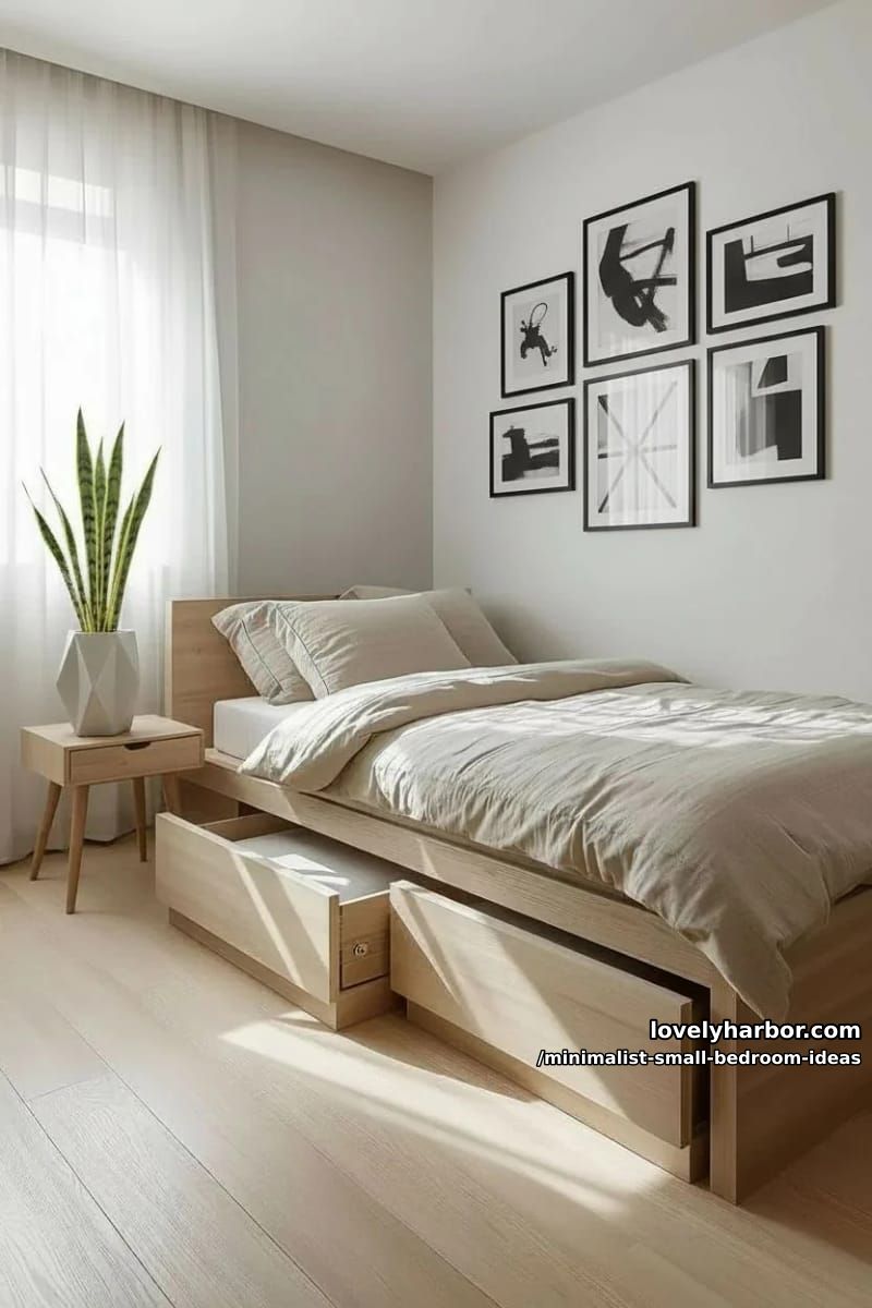 platform bed with hidden drawers and neutral linen bedding 1