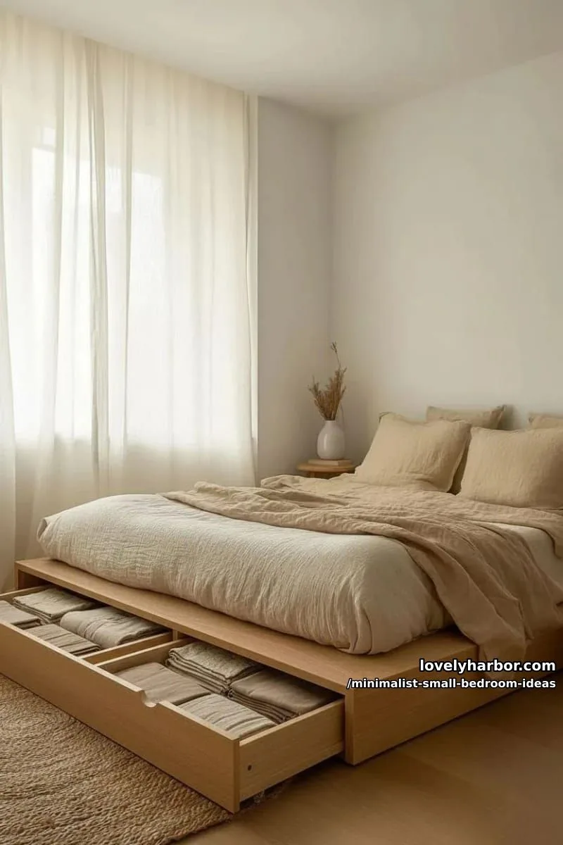 platform bed with hidden drawers and neutral linen bedding 1