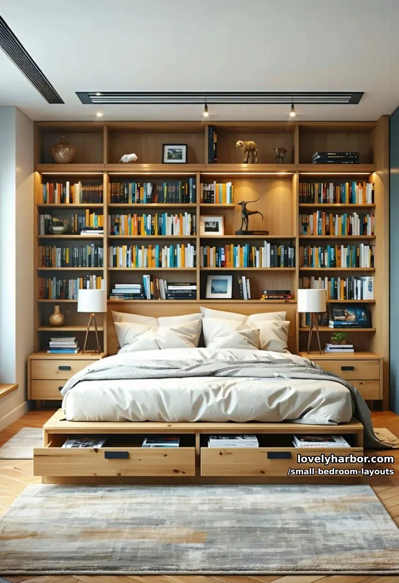 platform bed with integrated drawer storage and built-in bookcase headboard 1