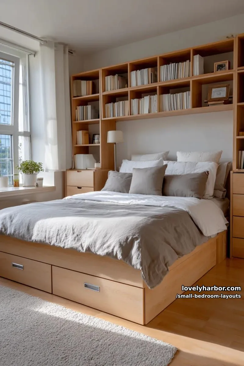 platform bed with integrated drawer storage and built-in bookcase headboard 1