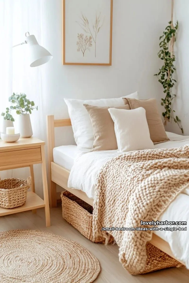plush single bed with a textured chunky knit throw and layered pillows. 1
