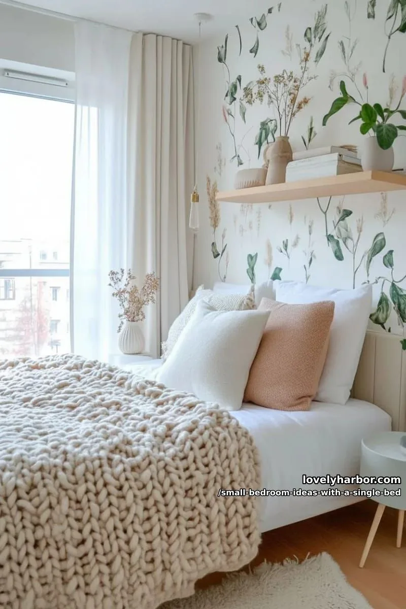 plush single bed with a textured chunky knit throw and layered pillows. 1