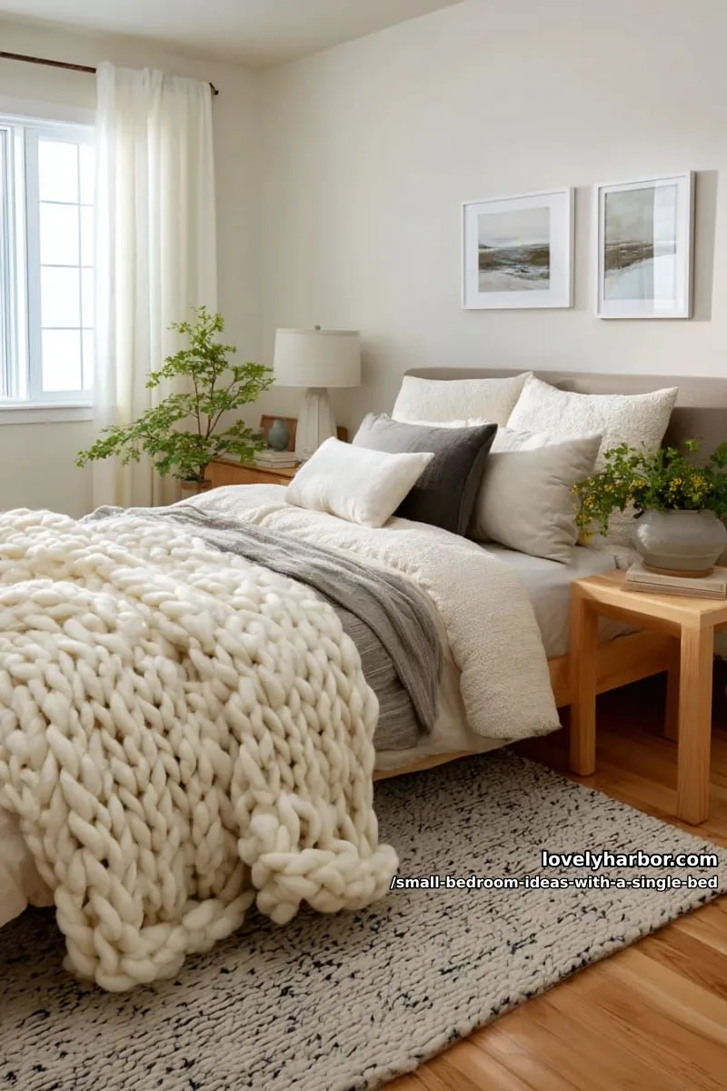plush single bed with a textured chunky knit throw and layered pillows. 1