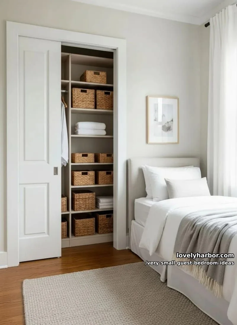 19 Very Small Guest Bedroom Ideas For A Welcoming Retreat 35 pocket door closet with rattan baskets and open shelving 1