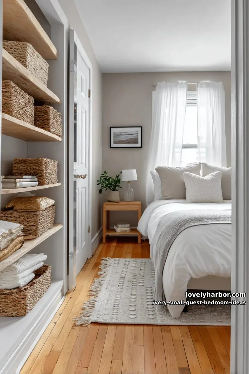 19 Very Small Guest Bedroom Ideas For A Welcoming Retreat 36 pocket door closet with rattan baskets and open shelving 1