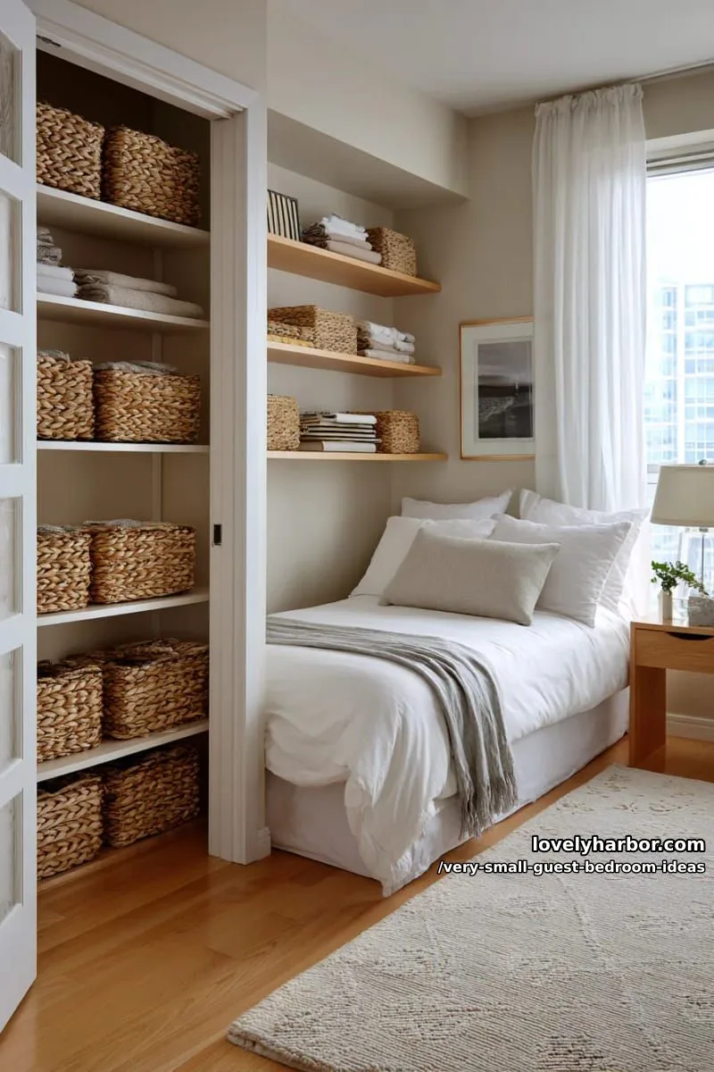 19 Very Small Guest Bedroom Ideas For A Welcoming Retreat 37 pocket door closet with rattan baskets and open shelving 1