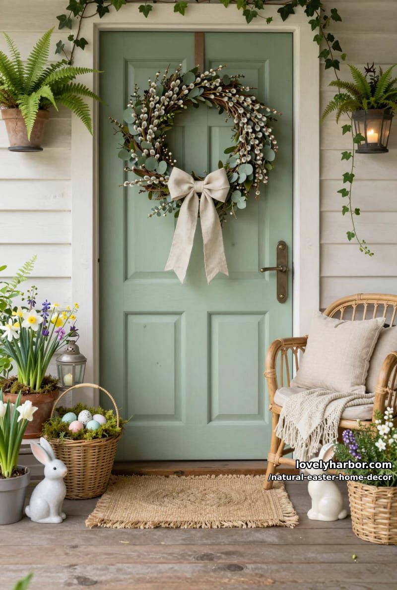 porch wreath of pussy willow, eucalyptus, and a linen bow 1