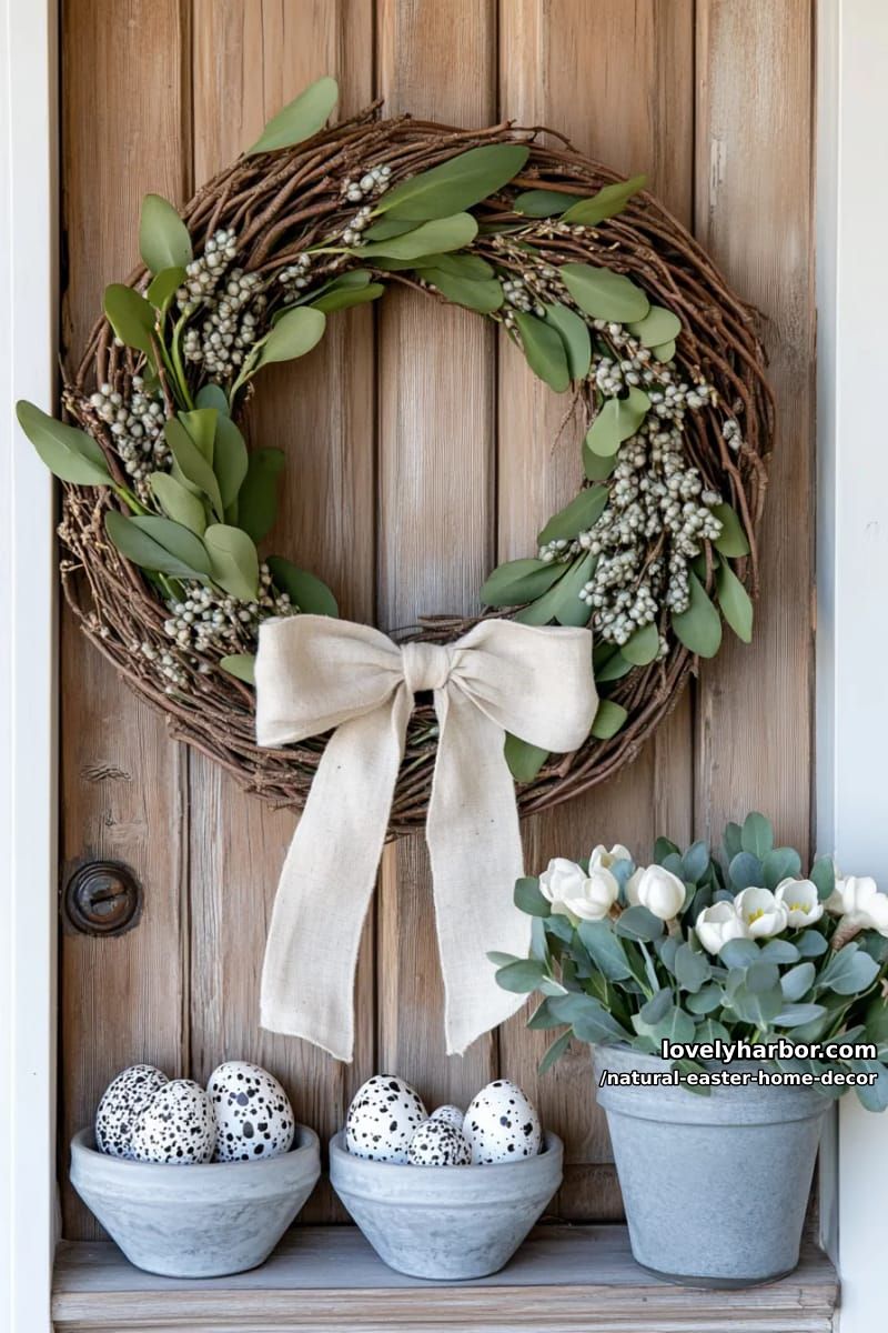 porch wreath of pussy willow, eucalyptus, and a linen bow 1