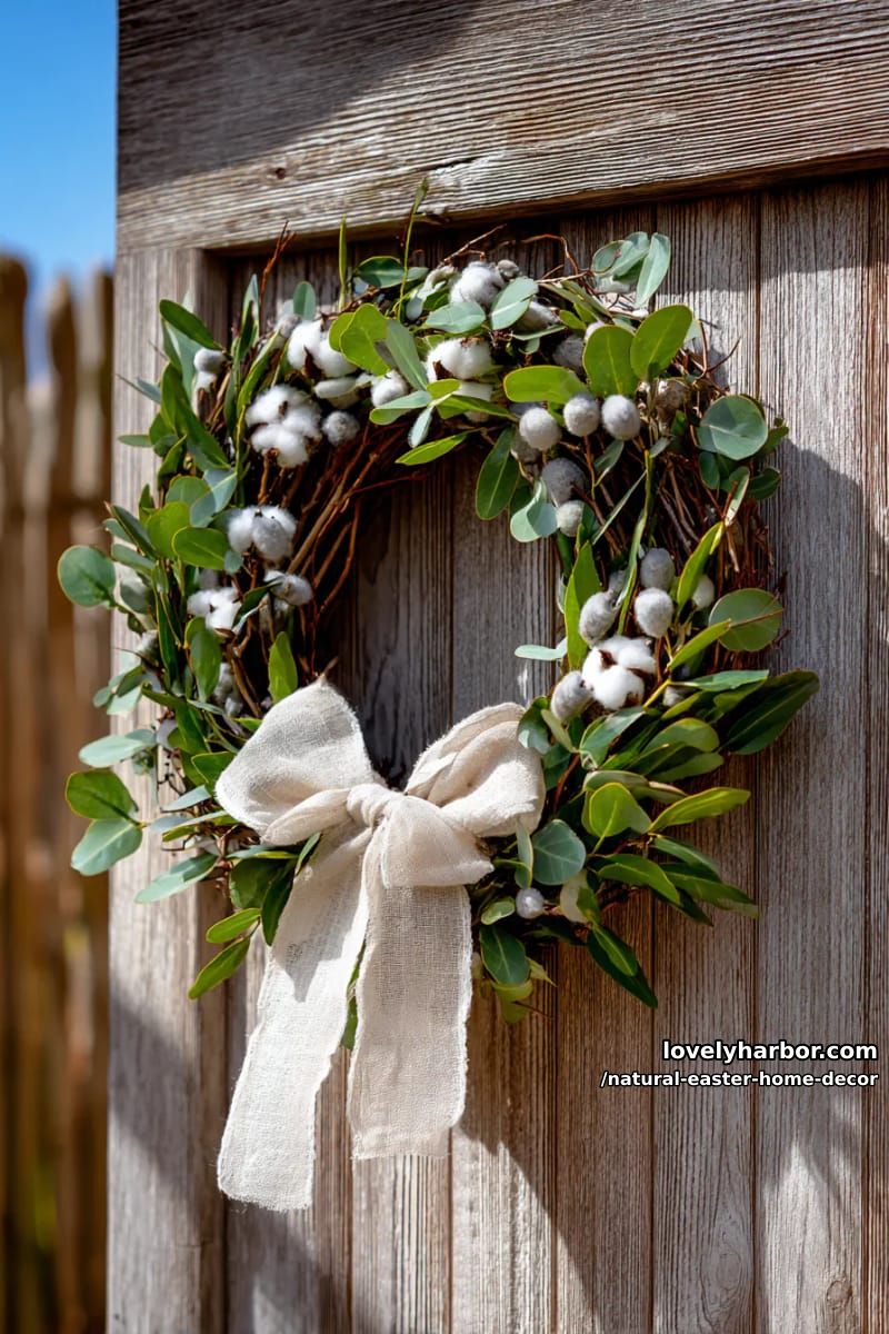 porch wreath of pussy willow, eucalyptus, and a linen bow 1