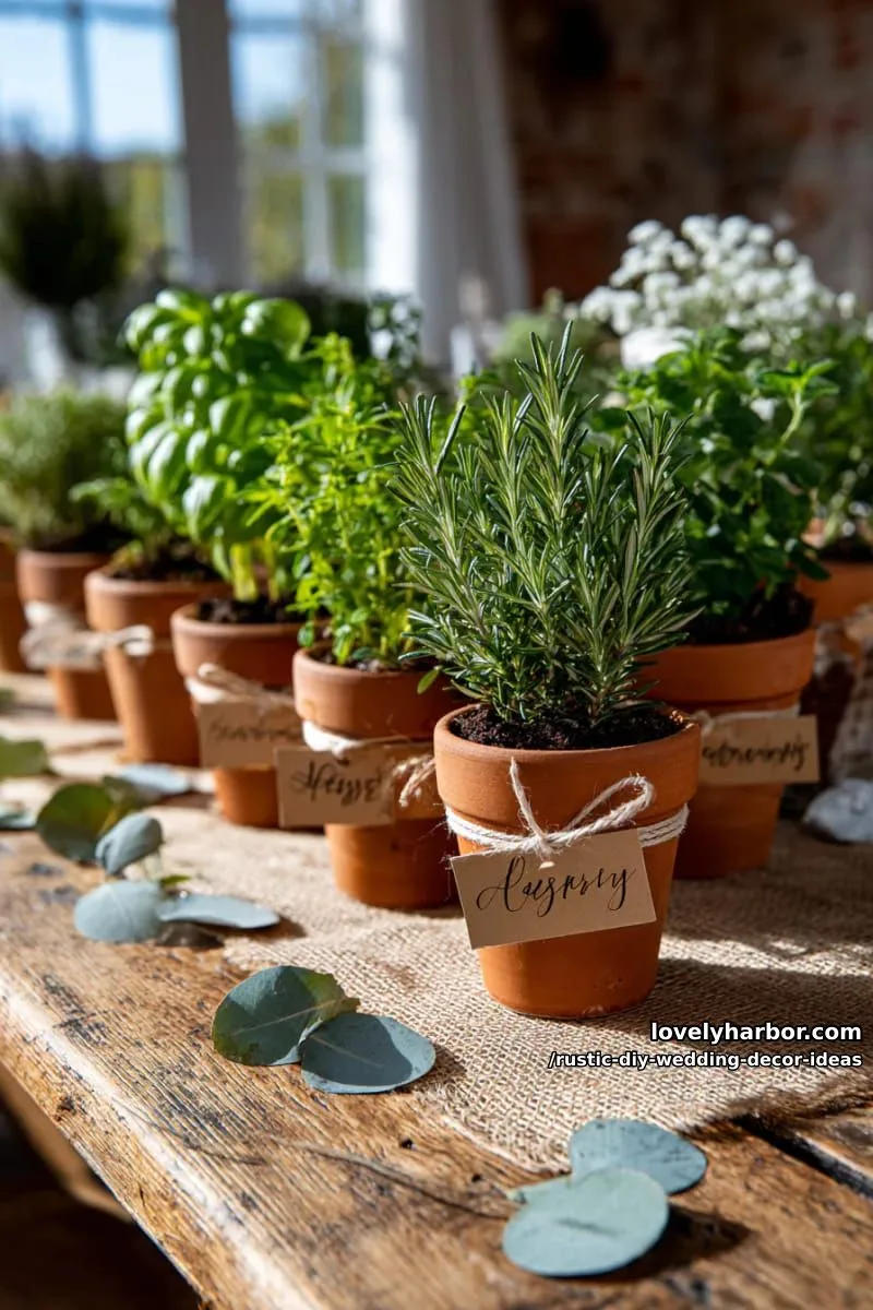 19 Rustic DIY Wedding Decor Ideas with Dreamy Vibes 27 potted herbs as wedding favors with kraft name tags 1