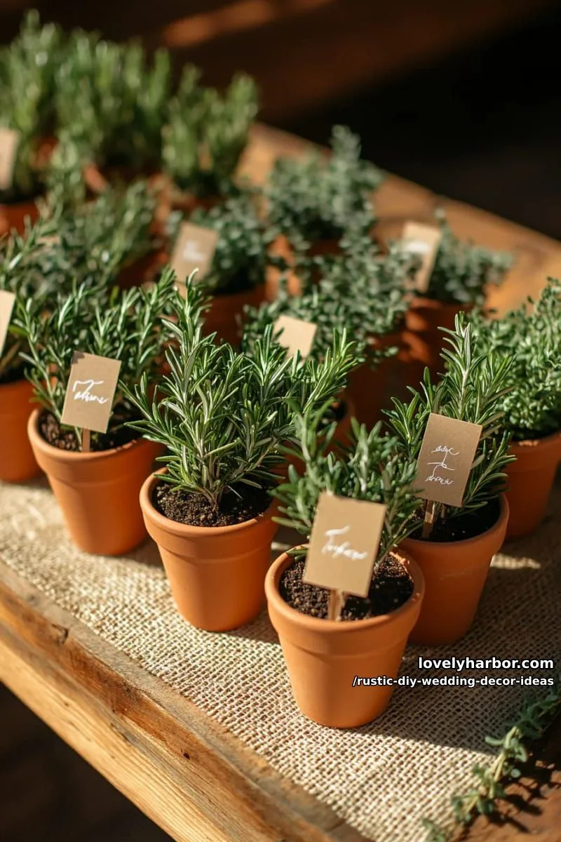 19 Rustic DIY Wedding Decor Ideas with Dreamy Vibes 28 potted herbs as wedding favors with kraft name tags 1