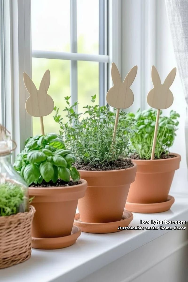 potted herbs with bunny-shaped plant markers for windowsills 1