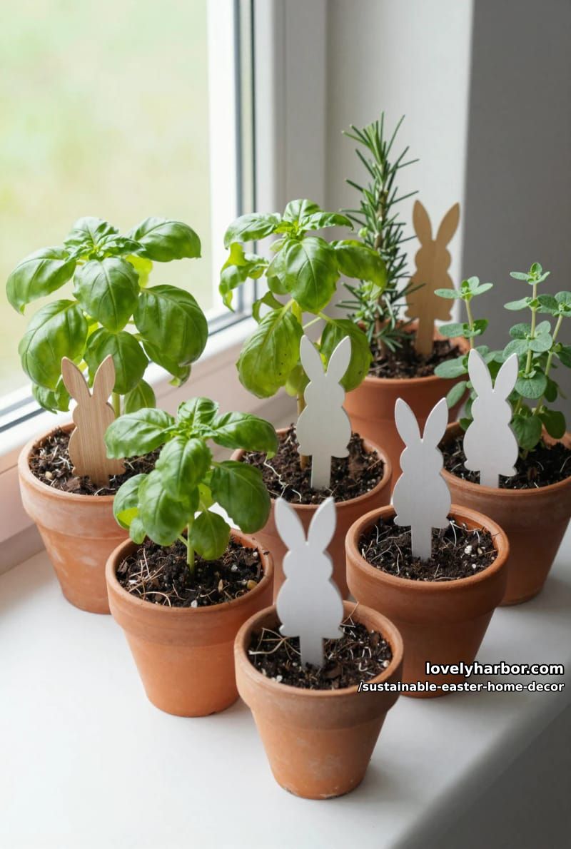 potted herbs with bunny-shaped plant markers for windowsills 1
