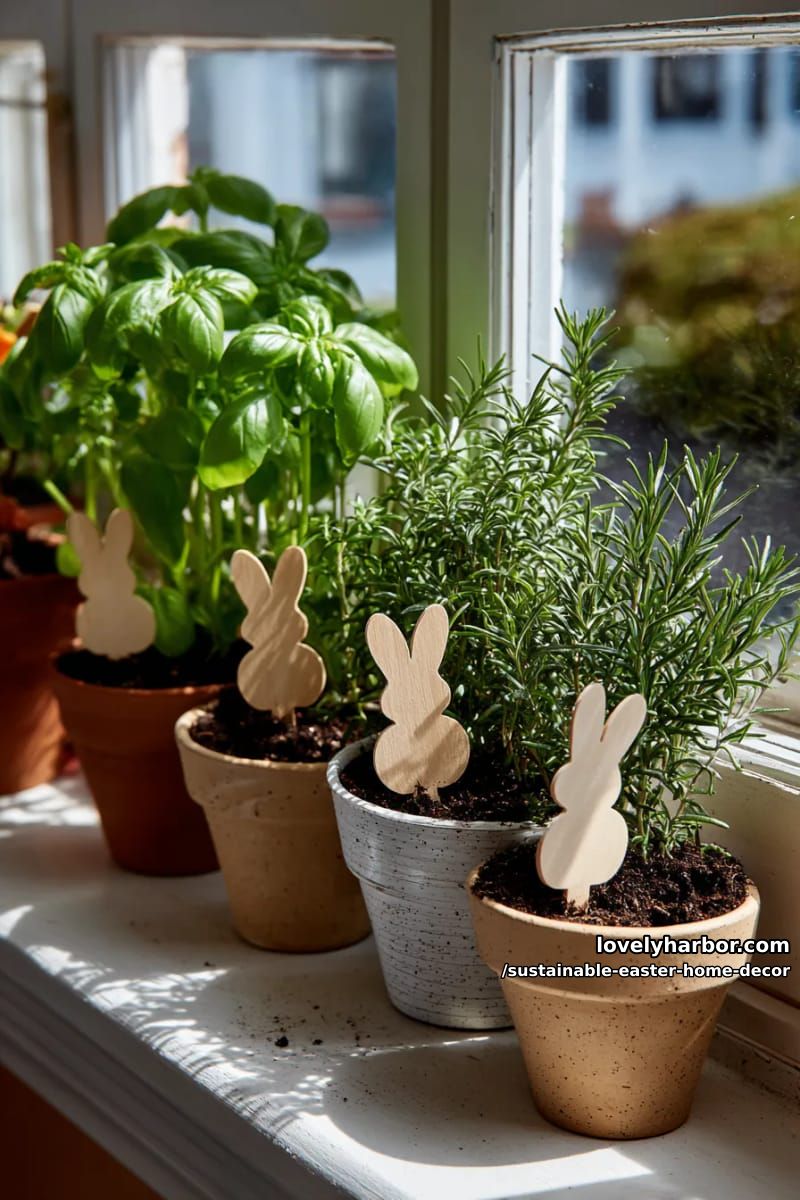 potted herbs with bunny-shaped plant markers for windowsills 1