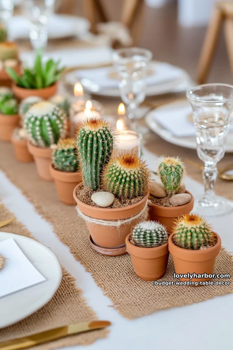 potted mini cactus arranged with burlap mats for quirky and budget-friendly charm 1
